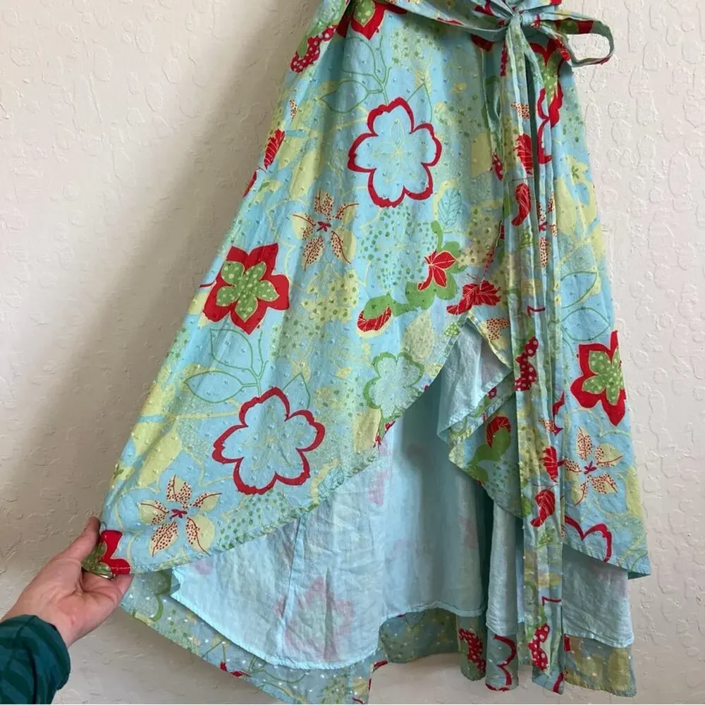 ModCloth 100% Cotton Lift Your Wings Wrap Midi Dress Large Blue Green Floral